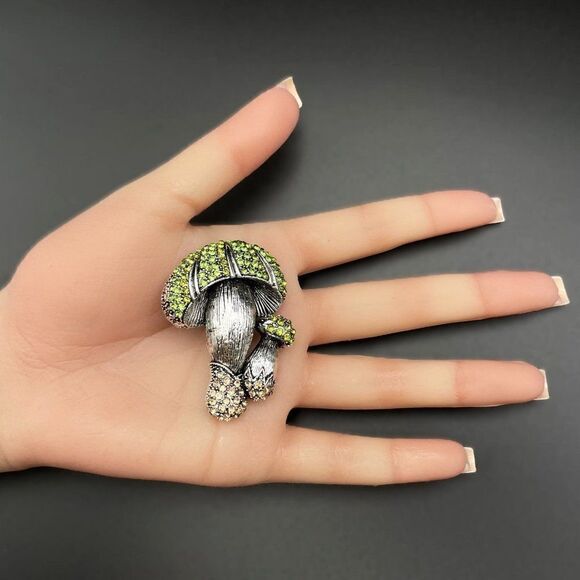 Silver with Emerald and Champagne Topaz Crystal Double Mushroom Pin Back Brooch - Picture 7 of 7